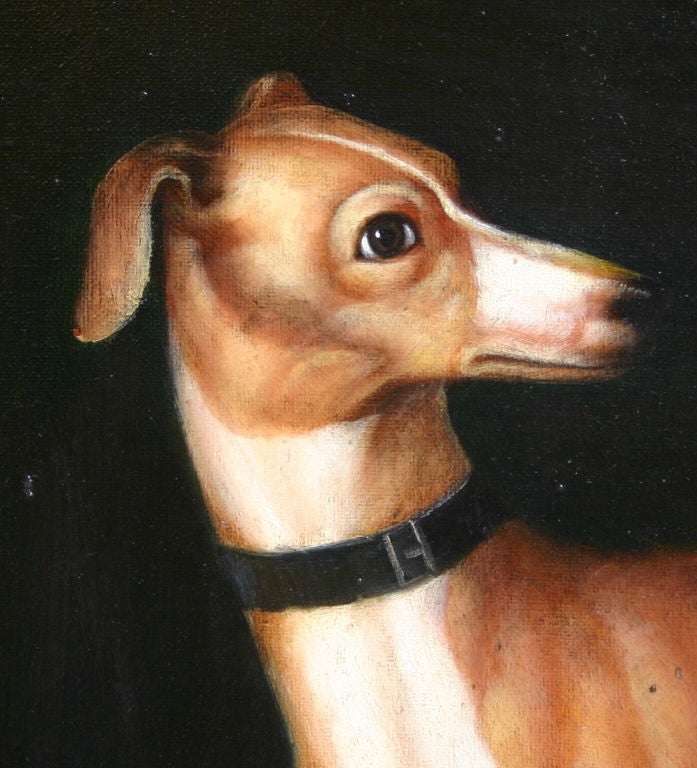 The brown and white standing dog with head turned; wearing a black collar against a black brown background; mounted in a wood frame with gilt accents.