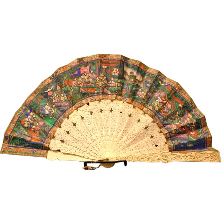 An Intricate Ching Dynasty Ivory and Hand Painted Silk Fan