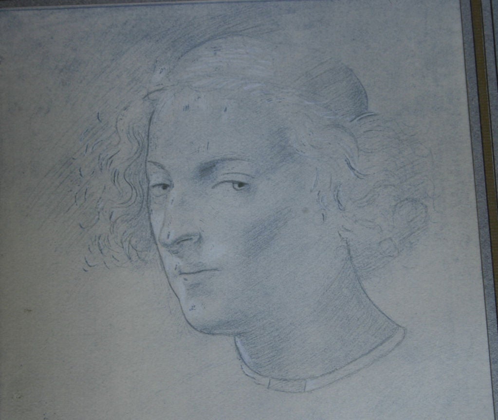 The sensitively rendered drawing of a young man’s face; inspired by an earlier artist’s work; framed in Paris with later gilt French matting.