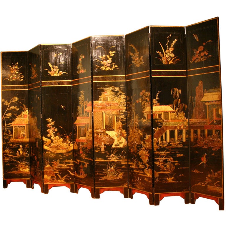 Late Qing Dynasty Eight Paneled Black Lacquer Coromandel Screen For Sale