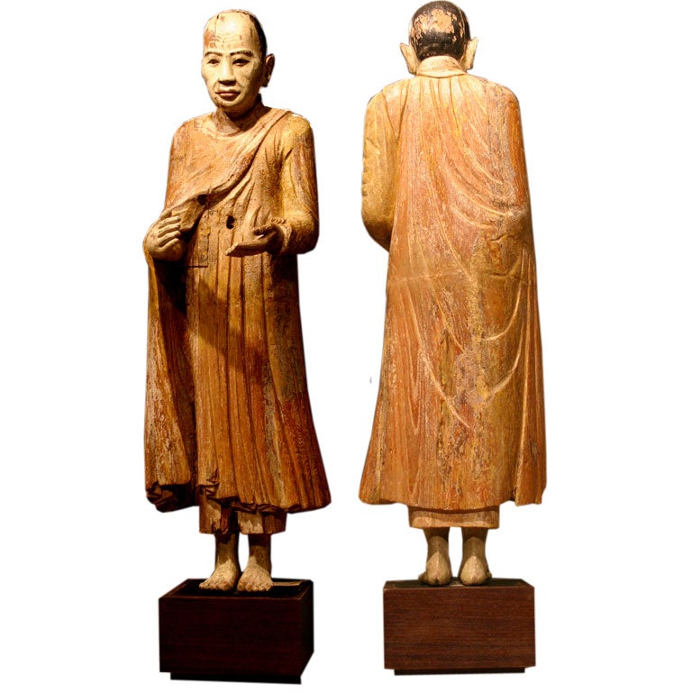 A Majestic 18th Century Carved Wood Statue of a Burmese Monk For Sale