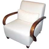 Art Deco style lounge chair with walnut veneered arms in muslin.