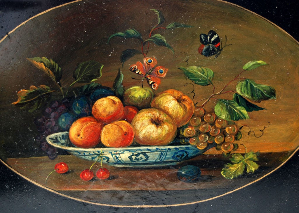 French Antique Hand Painted Fruit Still Life Tole Tray