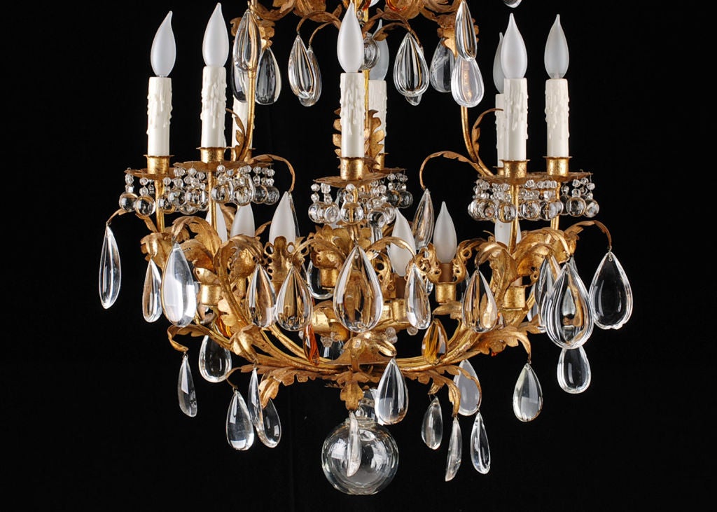 Rare Gilt Iron Baccarat Chandelier Tear Drop Crystals Chandelier