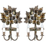 Pair of French Vintage Floral Bouquet Tole Two Candle Sconces