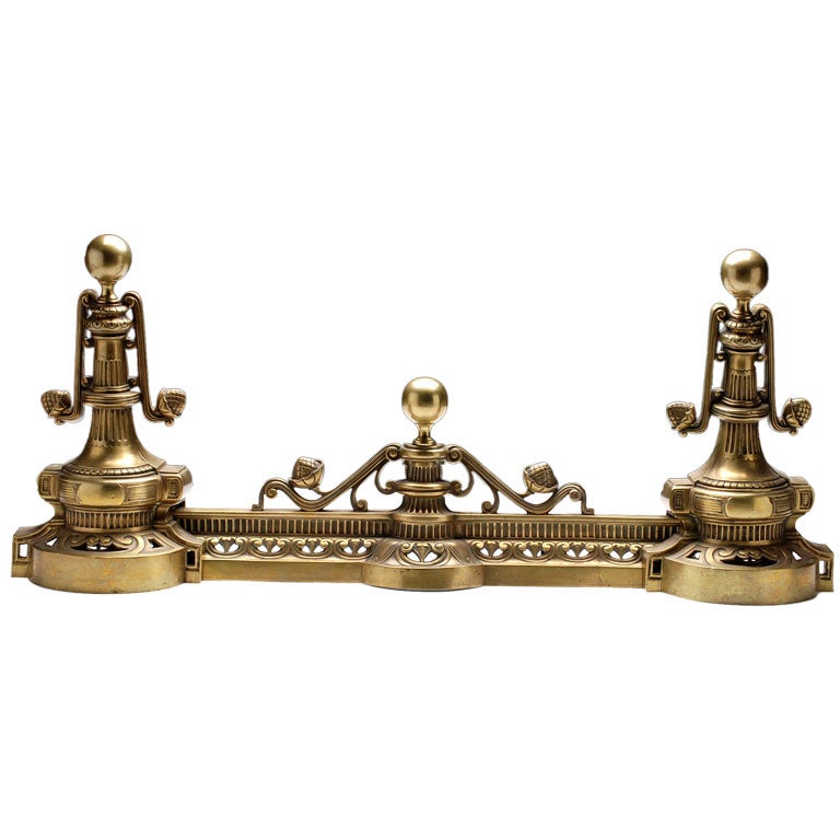 French Antique Brass 3-piece "Chenet" Andiron and Fender Set