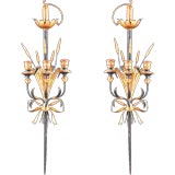 Pair of Antique Tole Swords and Wheat 3-Candle Sconces