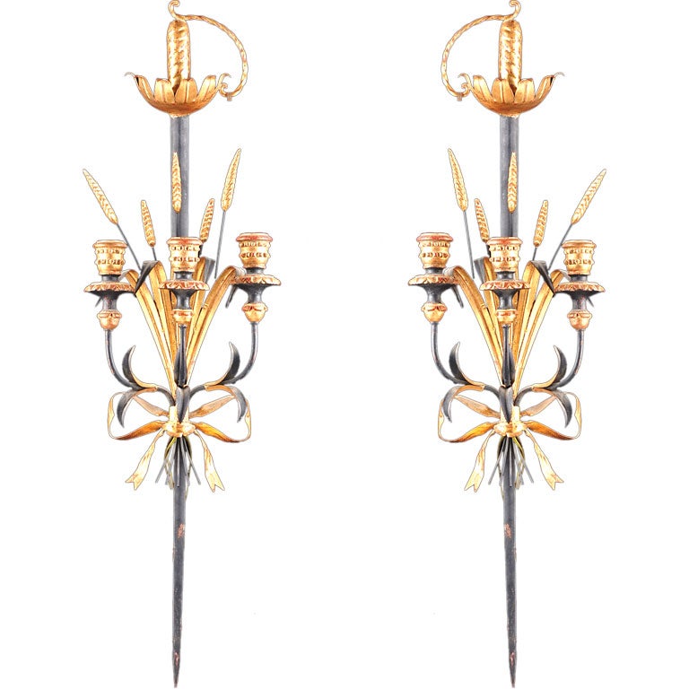 Pair of Antique Tole Swords and Wheat 3-Candle Sconces