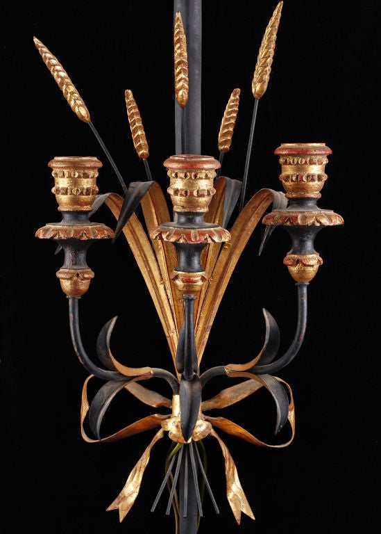 Pair of Antique Tole Swords and Wheat 3-Candle Sconces 4