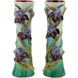 Pair of French Antique Majolica Art Nouveau Iris Vases