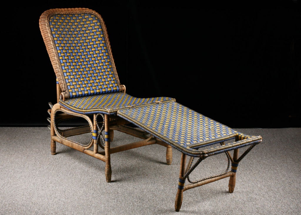 French Antique Blue and Yellow Garden Chaise Longue