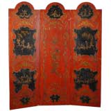 Red Lacquered Chinese Handpainted Three-panel Screen