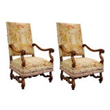 Pair of French Antique Regence Walnut Needlepoint Armchairs