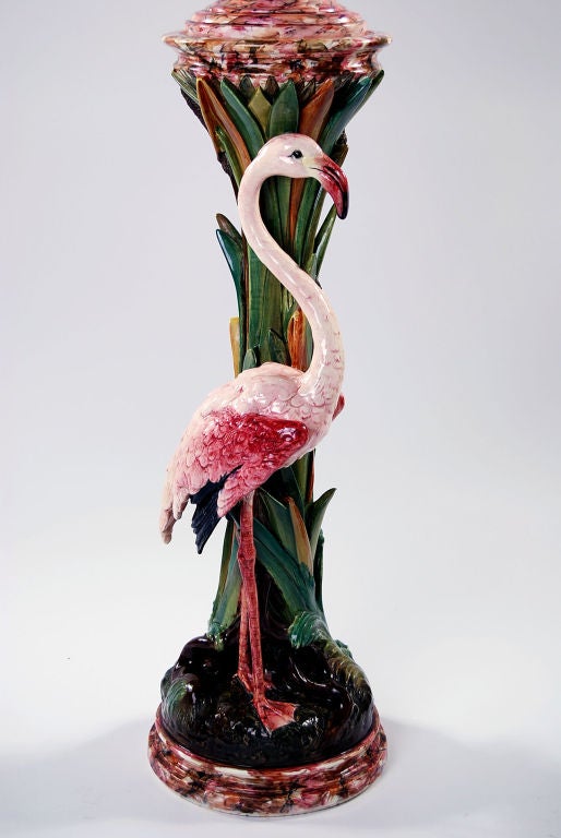 Rare Delphin Massier Figural Majolica Flamingo and Butterflies Jardiniere. This exceptional masterpiece bears Delphin Massier's signature. Delphin and brother Clément were famous master ceramists at the turn of the 19th century. At the top of their