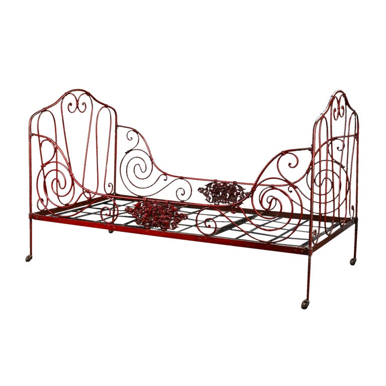 Charming Country French Antique Red Forged Iron Daybed