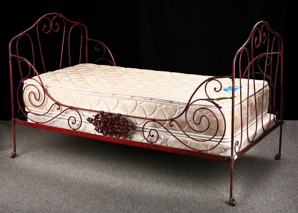 Charming Country French Antique Red Forged Iron Daybed