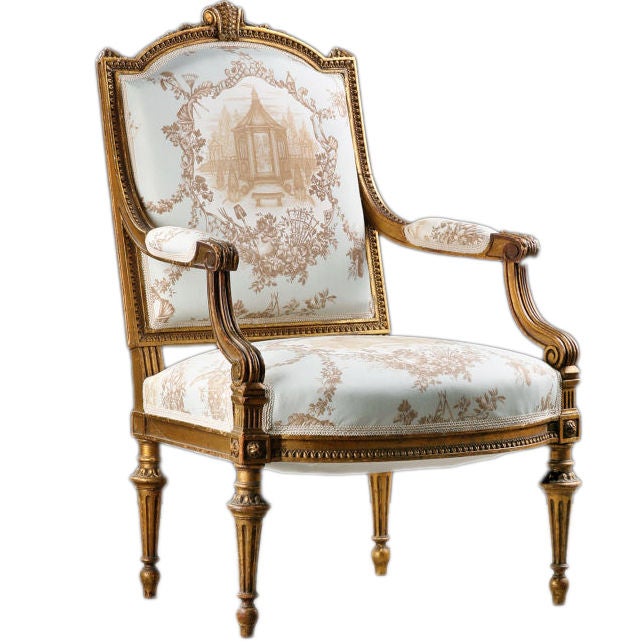 Pair of French Antique Louis XVI style Carved Giltwood Armchairs