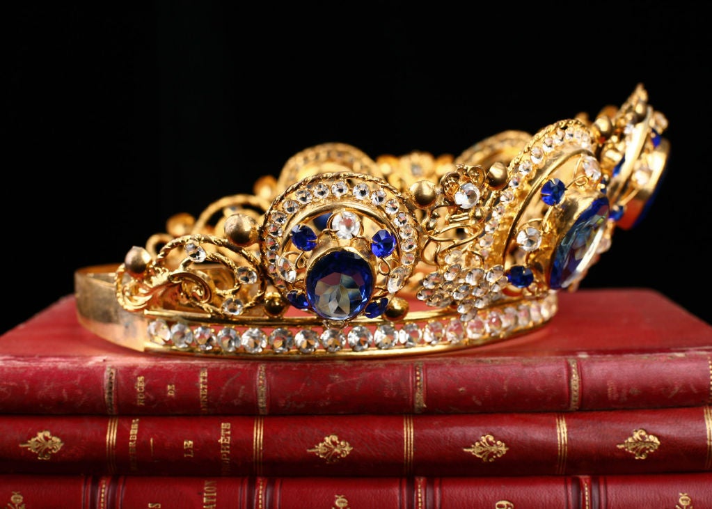 19th Century Exceptional French Antique Gilt Brass Jewelled Crown