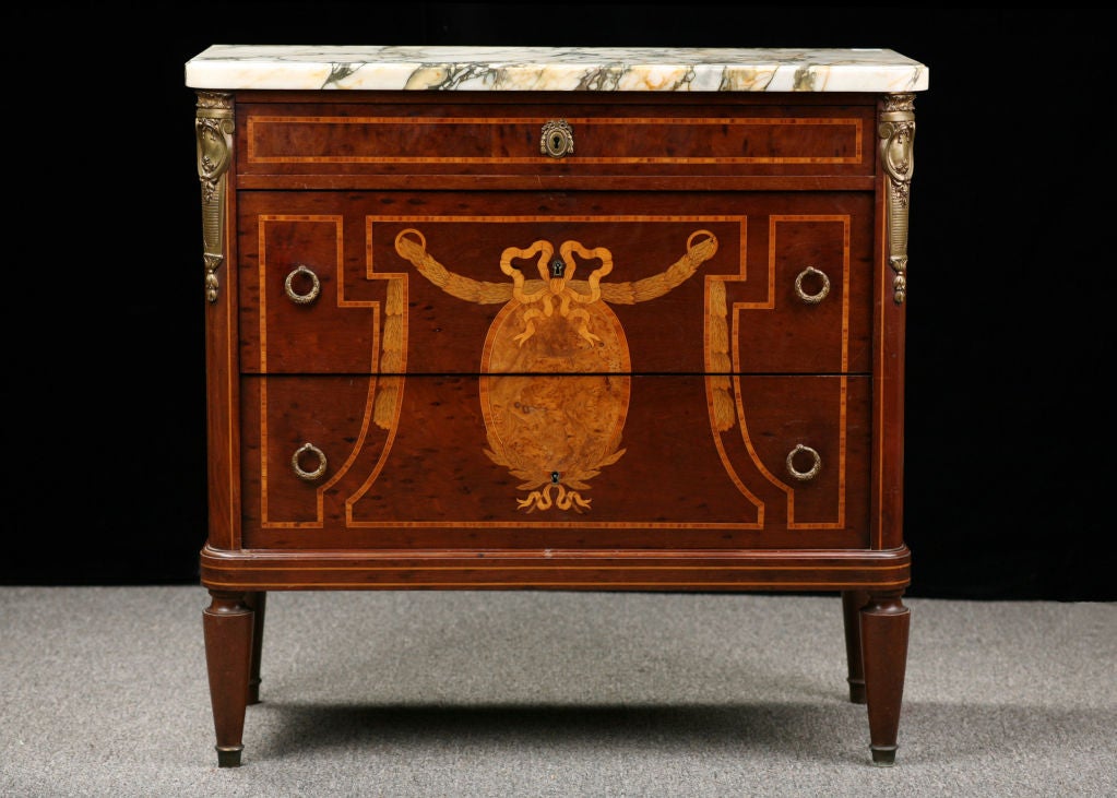 French Antique Transition Style Marbletop Commode with Marquetry