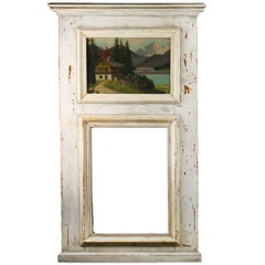 Country French White Painted Trumeau Mirror with Oil Painting