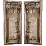 Pair of French Antique Distressed Wood Crown and Tassels Sconces