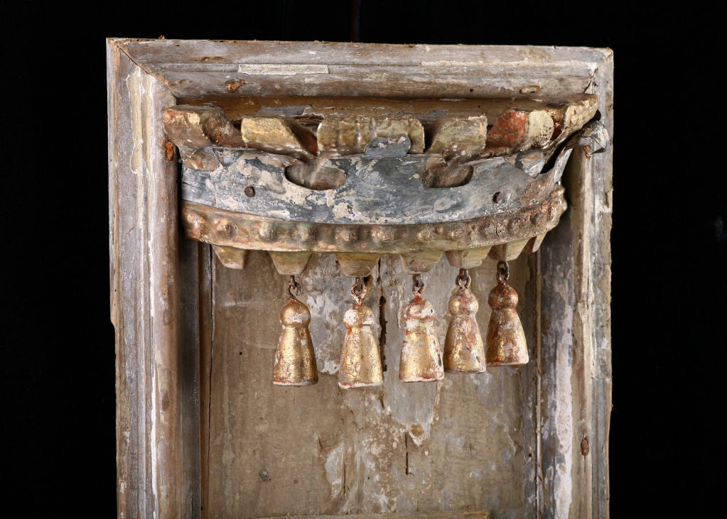 Pair of French Antique Distressed Wood Crown and Tassels Sconces