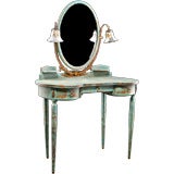 French Antique Distressed Painted Vanity with Mirror and Sconces