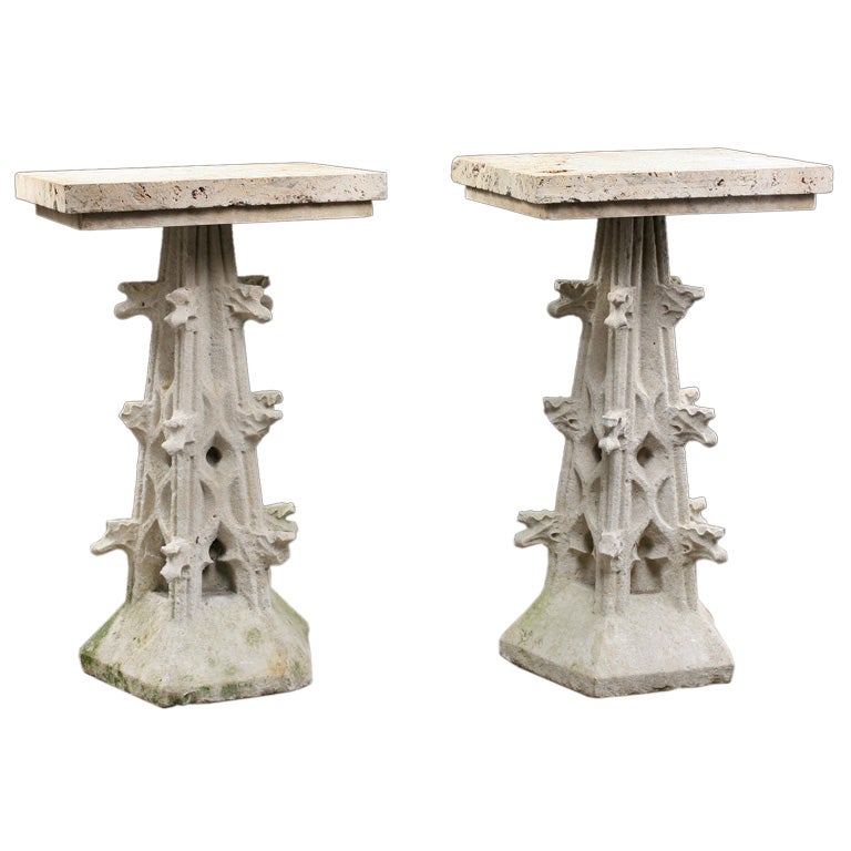 Pair of French Antique Carved Limestone Gothic Spires Consoles