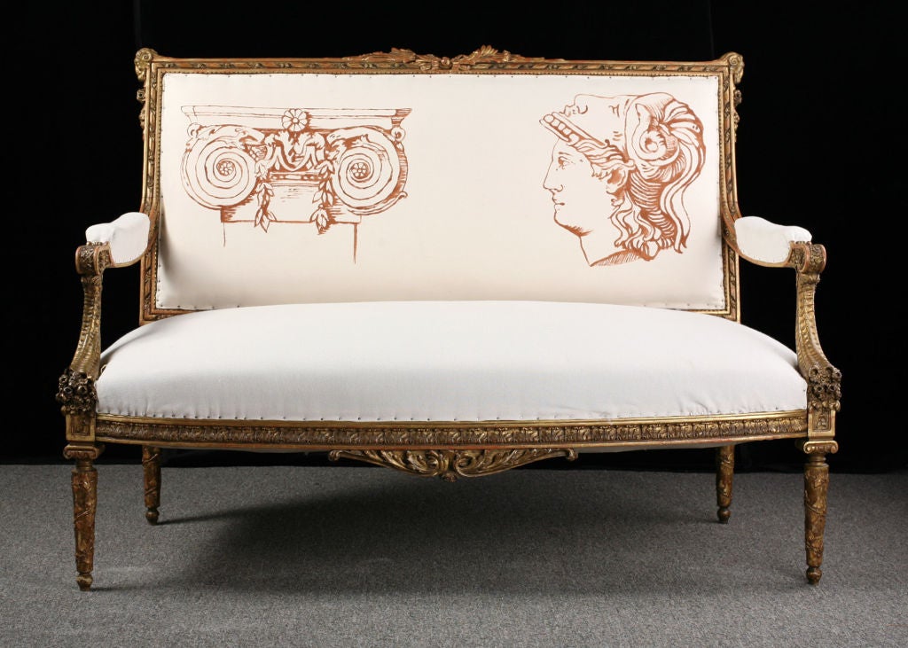 French Antique Louis XVI Style Carved Giltwood Settee