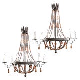 Pair of French Wood Bead and Tassels 6-light Iron Chandeliers