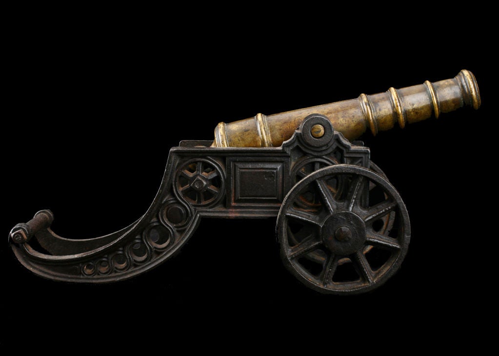 19th Century French Antique Cast Bronze and Iron Cannon, with fine detail. Beautiful paper weight or decorative object.
