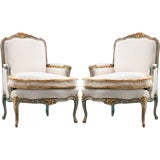Pair of Antique Louis XV Style Painted and Gilt Bergeres