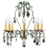 French Antique 8-Light Iron Chandelier with Crystal Drops