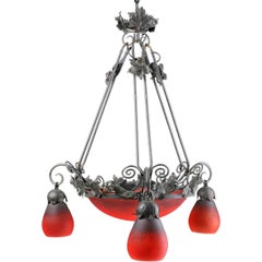 French Vintage Iron Chandelier with Fire Glass Shades