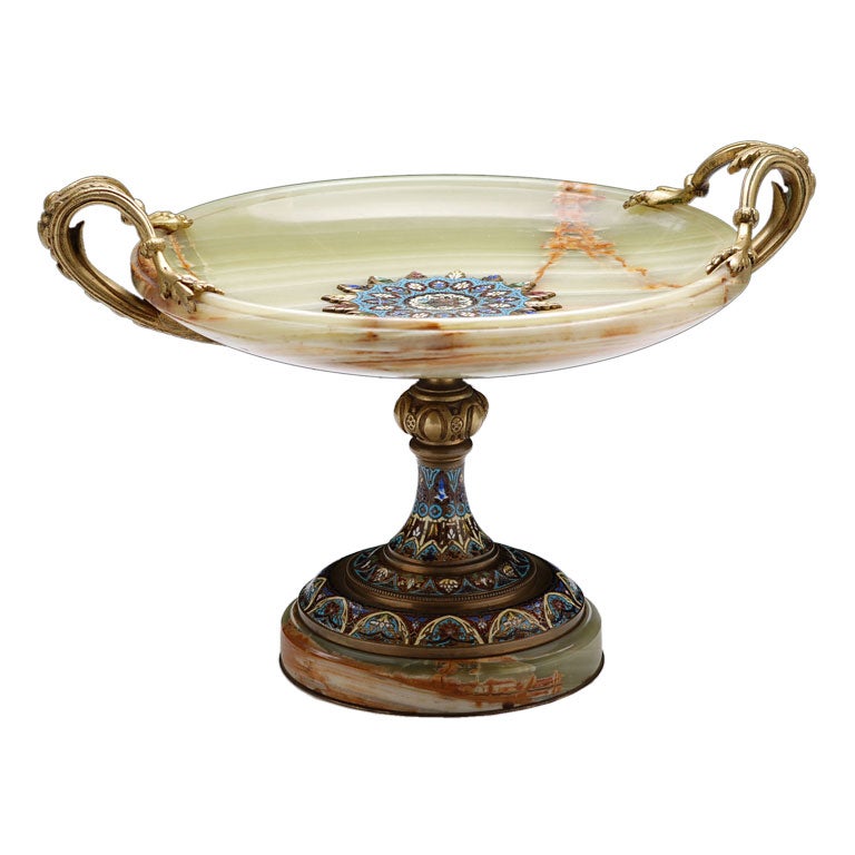 French Antique Onyx , Champleve Enamel, and Bronze Tazza