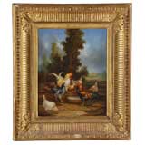 Claude GUILLEMINET (1821-1860) "Poules" Oil on Panel