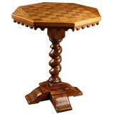 French Antique Turned Pedestal Table with Chess Marquetry Top