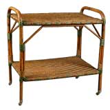 French Antique Rattan Rolling Dessert Cart with Green Accents