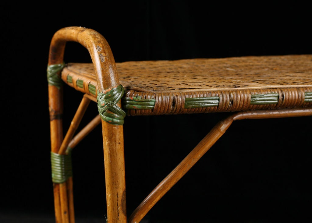 20th Century French Antique Rattan Rolling Dessert Cart with Green Accents