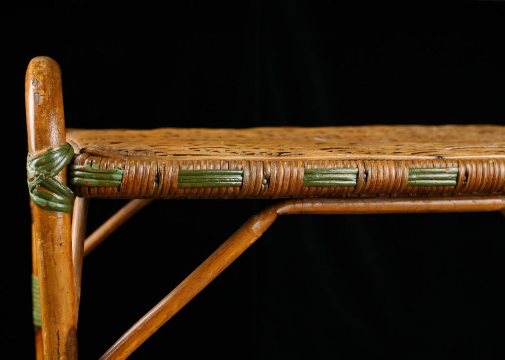 French Antique Rattan Rolling Dessert Cart with Green Accents 1