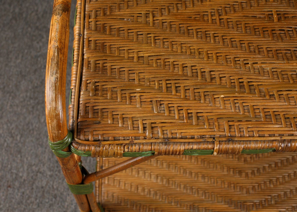 French Antique Rattan Rolling Dessert Cart with Green Accents 2