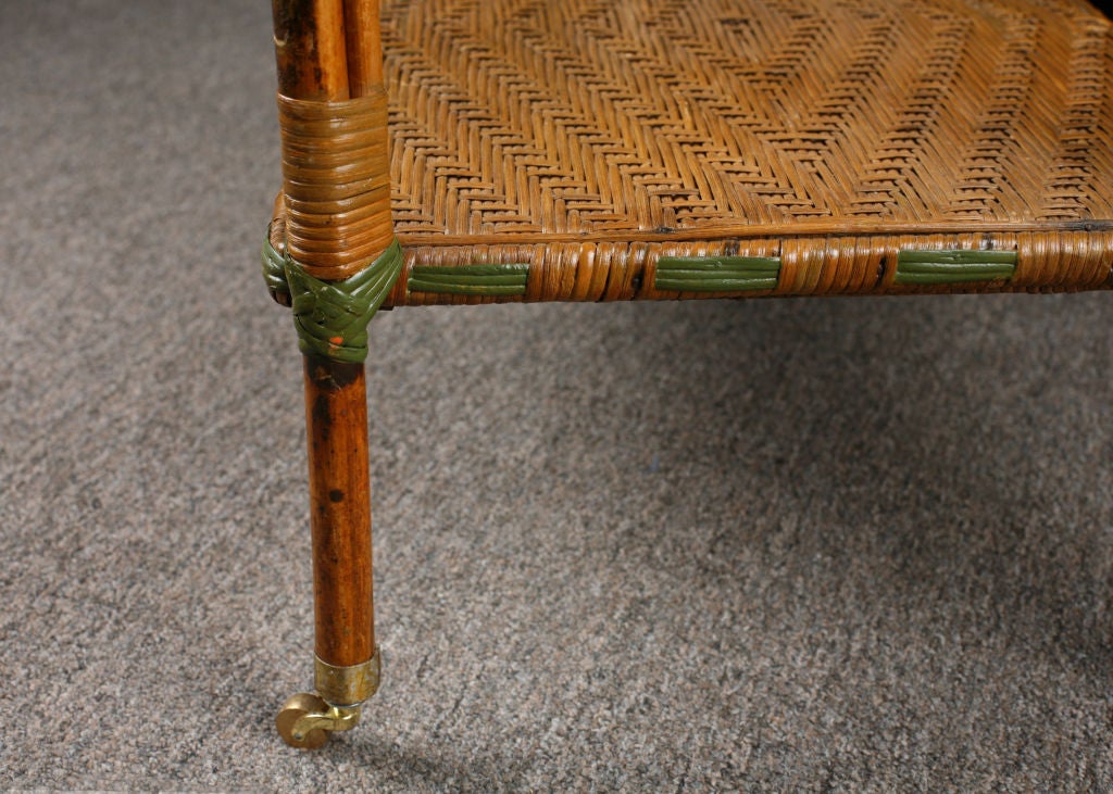 French Antique Rattan Rolling Dessert Cart with Green Accents 3