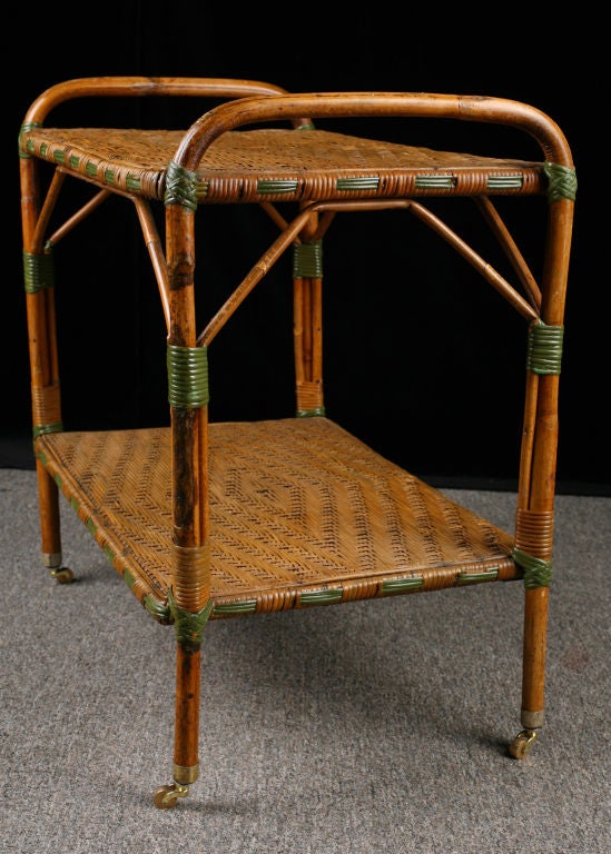 French Antique Rattan Rolling Dessert Cart with Green Accents 5