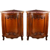 Pair of French Antique Carved Walnut Marbletop Corner Cabinets