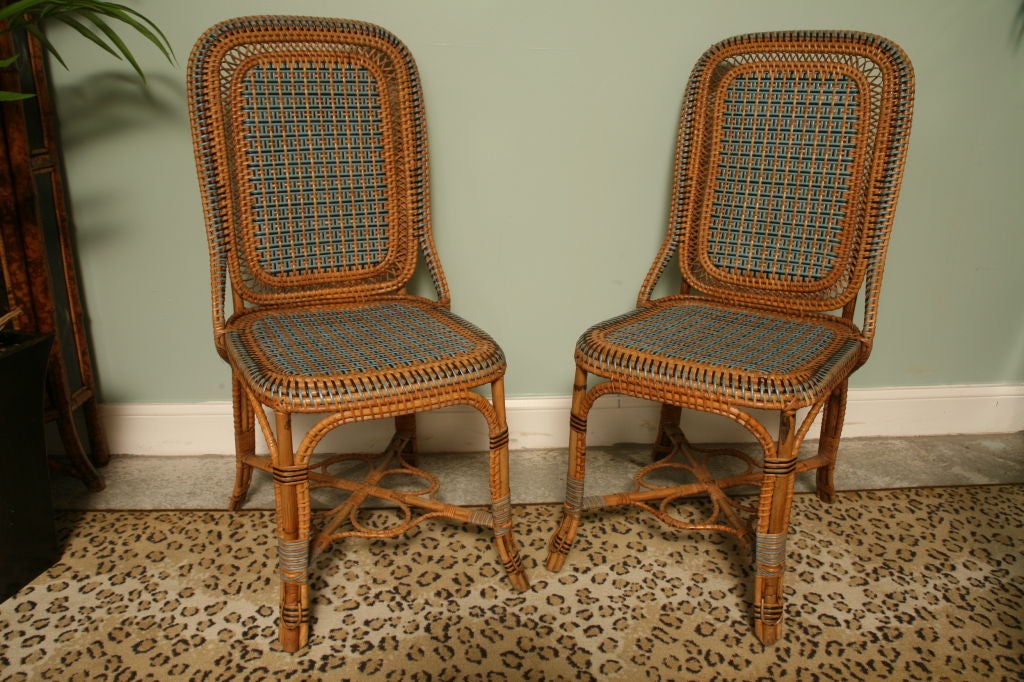 Set of  four Provencal French Bleu Rattan Chairs with a Table 3