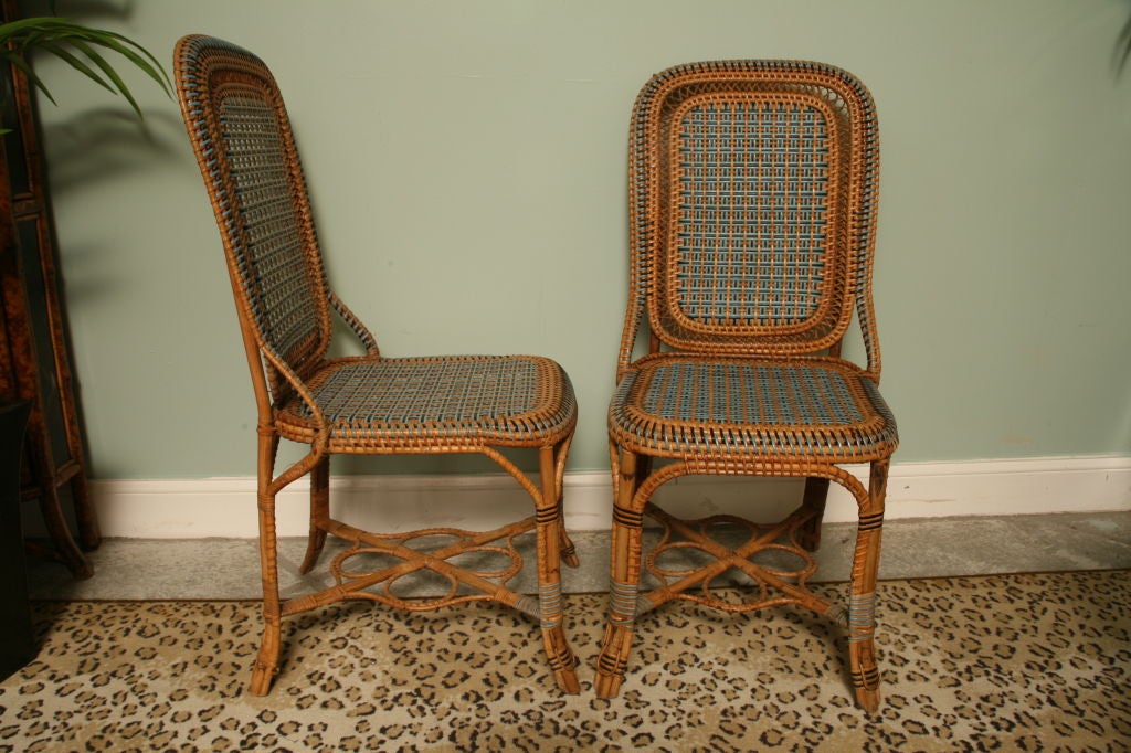 Set of  four Provencal French Bleu Rattan Chairs with a Table 2