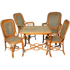 Set of  four Provencal French Bleu Rattan Chairs with a Table