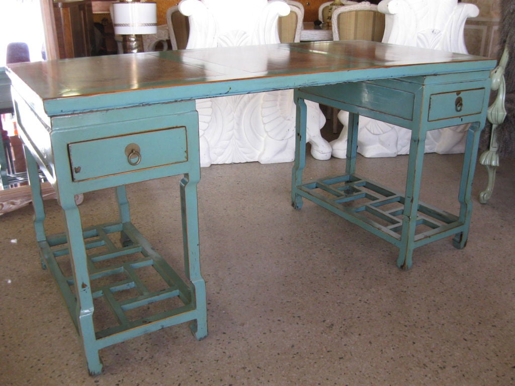 Chinese Aqua Lacquered Campaign Desk
