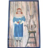 Exceptional Mildred Huie Painting, Girl and Cat on Ladder