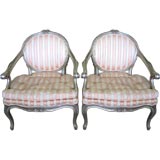 Vintage Pair of Louis the XV Style Silver Leaf French Open Arm Chairs